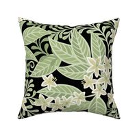 Blooming Orchard Wallpaper- Orange Blossoms- Black Background- Citrus Blossoms- Spring- Calm Fresh Flowers and Leaves- Sage and Vanilla- William Morris- Arts and Crafts- Large