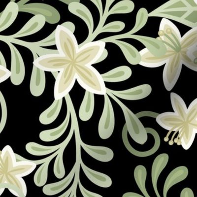 Blooming Orchard Wallpaper- Orange Blossoms- Black Background- Citrus Blossoms- Spring- Calm Fresh Flowers and Leaves- Sage and Vanilla- William Morris- Arts and Crafts- Large