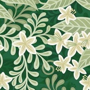 Blooming Orchard Wallpaper- Orange Blossoms- Emerald green Background- Citrus Blossoms- Spring- Calm Fresh Flowers and Leaves- Sage and Vanilla- Medium