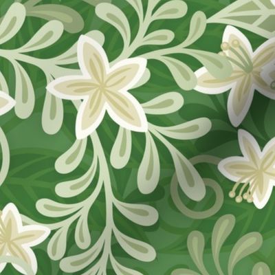 Blooming Orchard Wallpaper- Orange Blossoms- Kelly Green Background- Citrus Blossoms- Spring- Calm Fresh Flowers and Leaves- Sage and Vanilla- Large