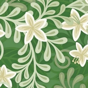 Blooming Orchard Wallpaper- Orange Blossoms- Kelly Green Background- Citrus Blossoms- Spring- Calm Fresh Flowers and Leaves- Sage and Vanilla- Large