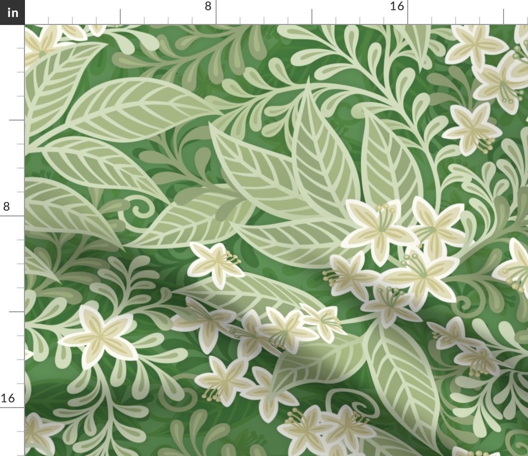 Blooming Orchard Wallpaper- Orange Blossoms- Kelly Green Background- Citrus Blossoms- Spring- Calm Fresh Flowers and Leaves- Sage and Vanilla- Large