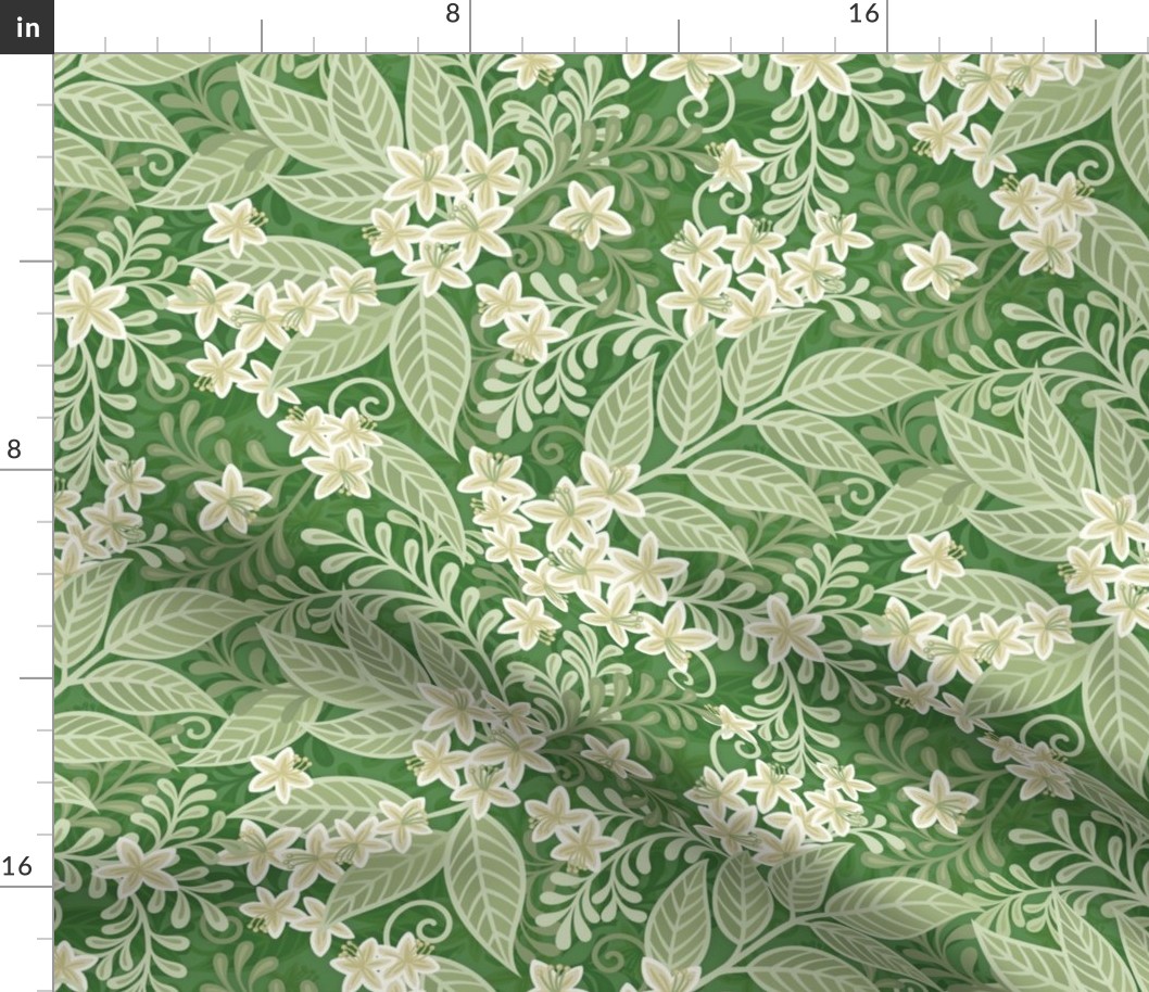 Blooming Orchard Wallpaper- Orange Blossoms- Kelly Green Background- Citrus Blossoms- Spring- Calm Fresh Flowers and Leaves- Sage and Vanilla- Small