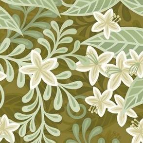 Blooming Orchard Wallpaper- Orange Blossoms- Moss Background- Citrus Blossoms- Spring- Calm Fresh Flowers and Leaves- Sage and Vanilla- Medium