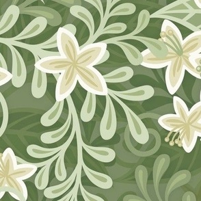 Blooming Orchard Wallpaper- Orange Blossoms- Sage Green Background- Citrus Blossoms- Spring- Calm Fresh Flowers and Leaves- Sage and Vanilla- Earthy Green- Large