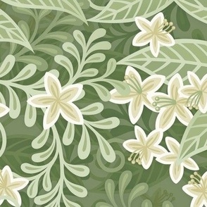 Blooming Orchard Wallpaper- Orange Blossoms- Sage Green Background- Citrus Blossoms- Spring- Calm Fresh Flowers and Leaves- Sage and Vanilla- Earthy Green- Medium