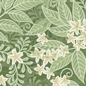 Blooming Orchard Wallpaper- Orange Blossoms- Sage Green Background- Citrus Blossoms- Spring- Calm Fresh Flowers and Leaves- Sage and Vanilla- Earthy Green- Small