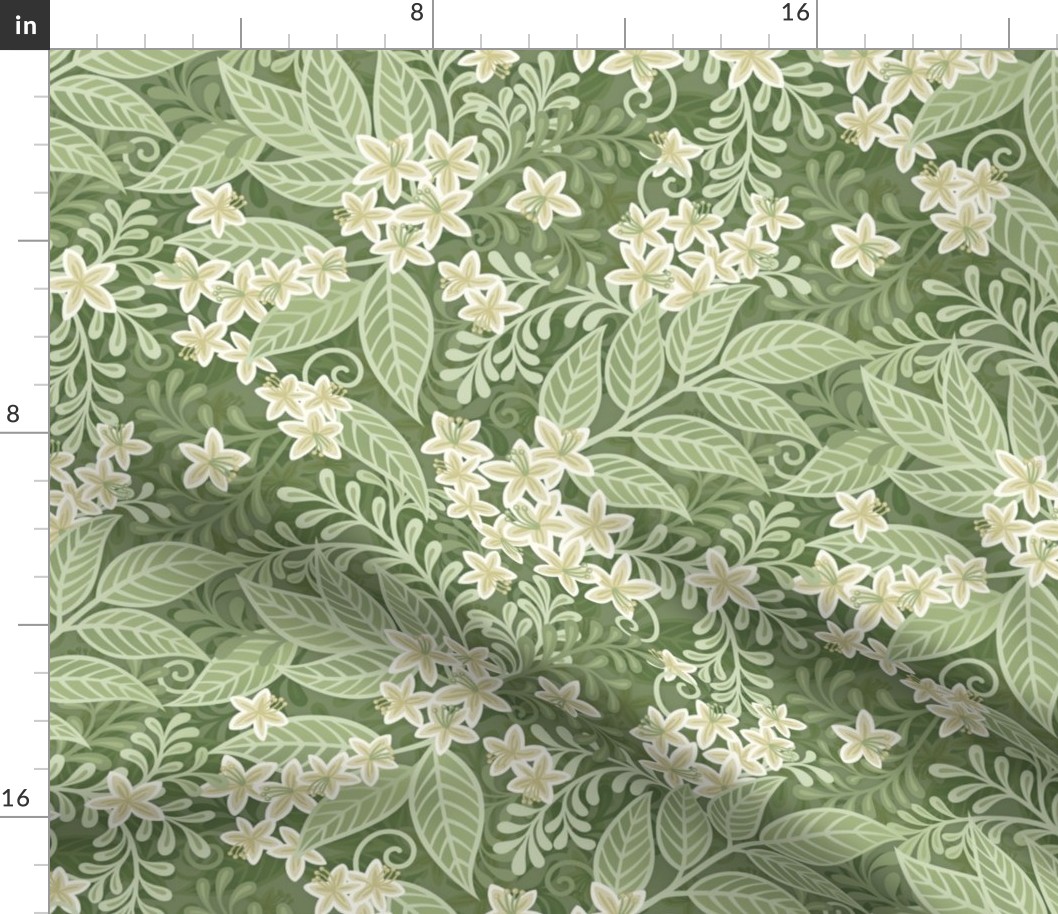 Blooming Orchard Wallpaper- Orange Blossoms- Sage Green Background- Citrus Blossoms- Spring- Calm Fresh Flowers and Leaves- Sage and Vanilla- Earthy Green- Small
