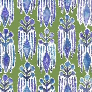 Ikat Botanical Watercolor Blue on Olive