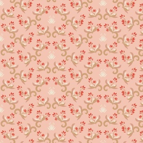 Damask Floral with Stencil- bright coral, tan and offwhite on blush-13x4.5in  