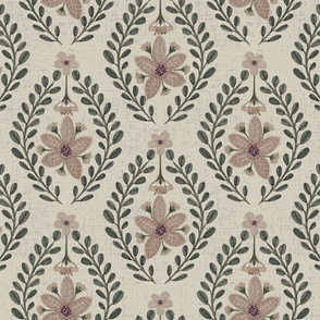 gouache floral french country textured linen LARGE - pink and green