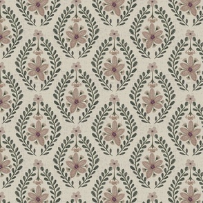 gouache floral french country textured linen MED - pink and green