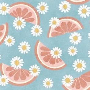 Hand-Drawn Grapefruit Slices with Chamomile Daisies on an Aqua Blue Ground Color_Small