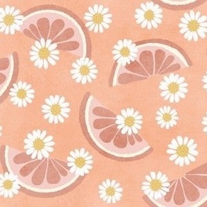 Hand-Drawn Grapefruit Slices with Chamomile Daisies on a Peach Ground Color_Small