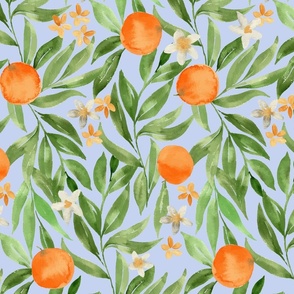 Watercolor oranges on summer blue with orange blossom flowers and green painterly leaves, for kitchen, linen and wallpaper