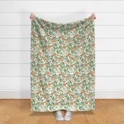 French Country muted watercolor oranges / large /  orange blossom flowers and green leaves on white