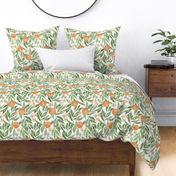 French Country muted watercolor oranges / large /  orange blossom flowers and green leaves on white