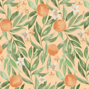 Watercolor oranges on pastel peach with orange blossom flowers and green painterly leaves, for kitchen, linen and wallpaper