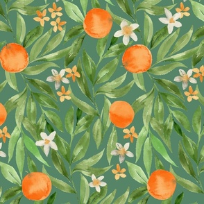 Watercolor oranges on bright green with orange blossom flowers and green painterly leaves, for kitchen, linen and wallpaper