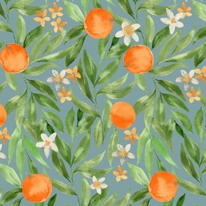 Watercolor oranges on dusty blue with orange blossom flowers and green painterly leaves, for kitchen, linen and wallpaper