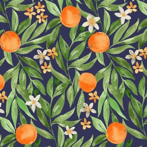 Watercolor oranges on navy blue with orange blossom flowers and green painterly leaves, for kitchen, linen and wallpaper