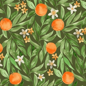 Watercolor oranges with orange blossom flowers and green painterly leaves, for kitchen, linen and wallpaper