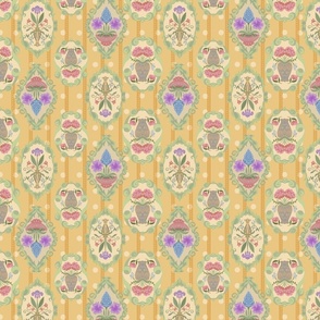 Country French Floral with Dots - pale mustard yellow, ivory, dots, muted