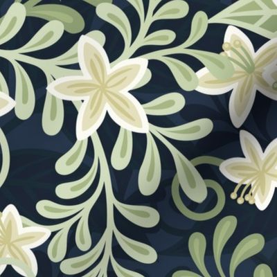 Blooming Orchard Wallpaper- Orange Blossoms- Navy Background- Citrus Blossoms- Spring- Calm Fresh Flowers and Leaves- Sage and Vanilla- Large