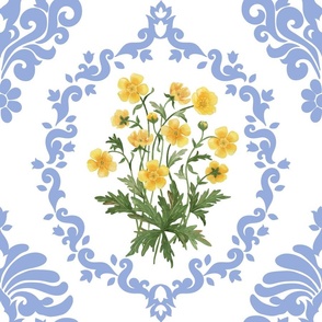 Buttercup watercolor bouquet in simple Damask in forget-me-not blue and white