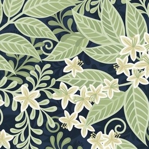 Blooming Orchard Wallpaper- Orange Blossoms- Navy Background- Citrus Blossoms- Spring- Calm Fresh Flowers and Leaves- Sage and Vanilla- Small
