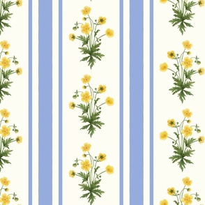 Floral  stripe and vertical stripe with yellow buttercups and blue on natural white