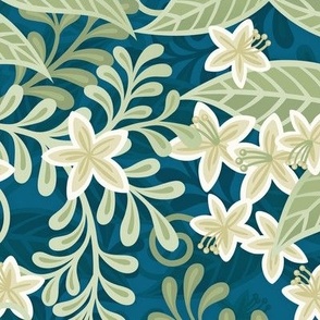 Blooming Orchard Wallpaper- Orange Blossoms- Peacock Teal Background- Citrus Blossoms- Spring- Calm Fresh Flowers and Leaves- Sage and Vanilla- Medium