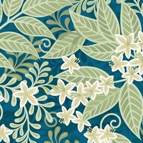 Blooming Orchard Wallpaper- Orange Blossoms- Peacock Teal Background- Citrus Blossoms- Spring- Calm Fresh Flowers and Leaves- Sage and Vanilla- Small