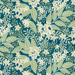 Blooming Orchard Wallpaper- Orange Blossoms- Peacock Teal Background- Citrus Blossoms- Spring- Calm Fresh Flowers and Leaves- Sage and Vanilla- sMini