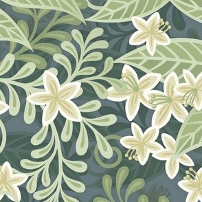 Blooming Orchard Wallpaper- Orange Blossoms- Slate Background- Citrus Blossoms- Spring- Calm Fresh Flowers and Leaves- Sage and Vanilla- Medium