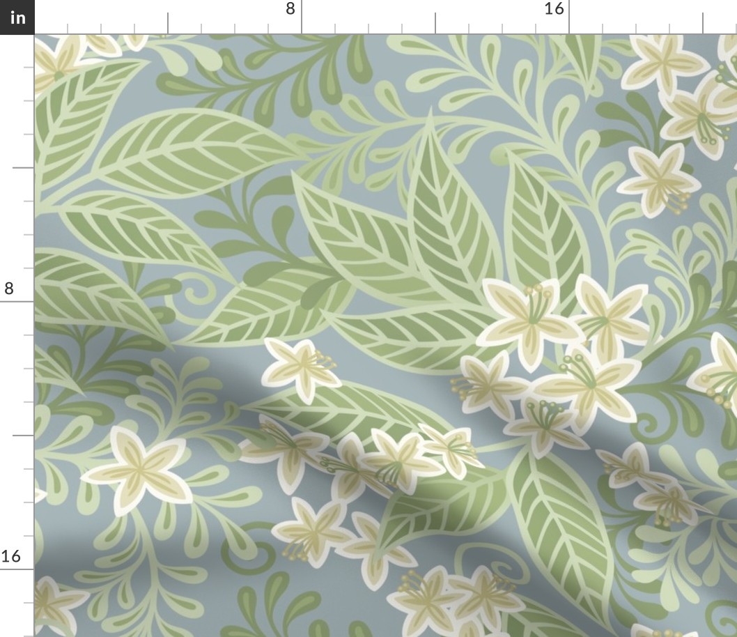 Blooming Orchard Wallpaper- Orange Blossoms- Teal Background- Citrus Blossoms- Spring- Calm Fresh Flowers and Leaves- Sage and Vanilla- Large
