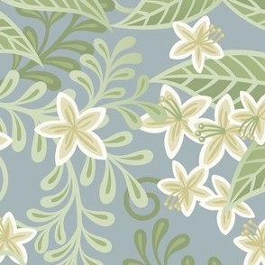 Blooming Orchard Wallpaper- Orange Blossoms- Teal Background- Citrus Blossoms- Spring- Calm Fresh Flowers and Leaves- Sage and Vanilla- Medium