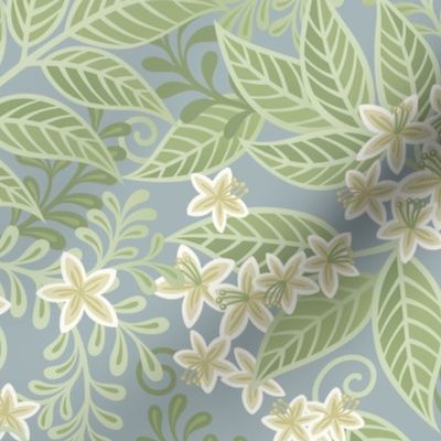 Blooming Orchard Wallpaper- Orange Blossoms- Teal Background- Citrus Blossoms- Spring- Calm Fresh Flowers and Leaves- Sage and Vanilla- Small