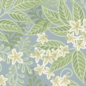 Blooming Orchard Wallpaper- Orange Blossoms- Teal Background- Citrus Blossoms- Spring- Calm Fresh Flowers and Leaves- Sage and Vanilla- Small