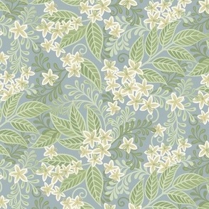 Blooming Orchard Wallpaper- Orange Blossoms- Teal Background- Citrus Blossoms- Spring- Calm Fresh Flowers and Leaves- Sage and Vanilla- sMini