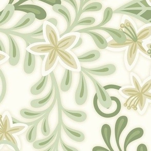 Blooming Orchard Wallpaper- Orange Blossoms- White Background- Citrus Blossoms- Spring- Calm Fresh Flowers and Leaves- Sage and Vanilla- Large
