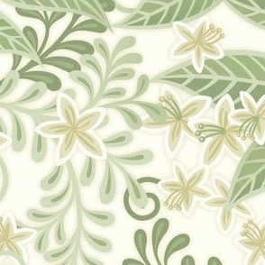 Blooming Orchard Wallpaper- Orange Blossoms- White Background- Citrus Blossoms- Spring- Calm Fresh Flowers and Leaves- Sage and Vanilla- Medium