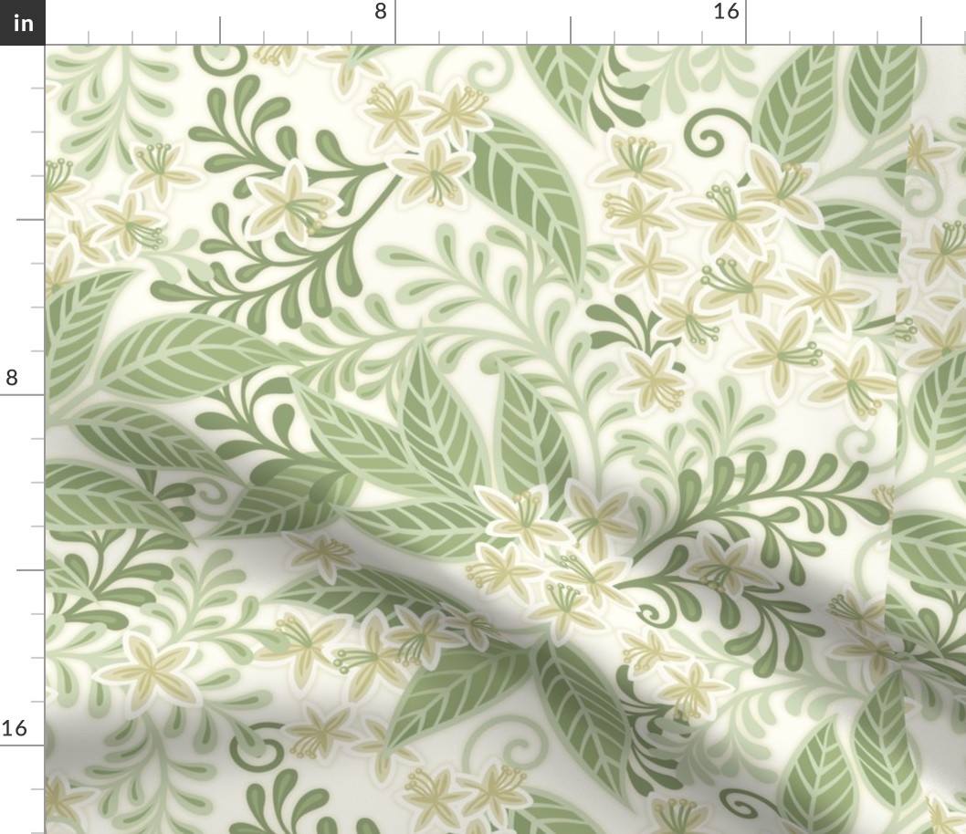 Blooming Orchard Wallpaper- Orange Blossoms- White Background- Citrus Blossoms- Spring- Calm Fresh Flowers and Leaves- Sage and Vanilla- Medium