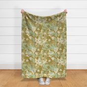 Blooming Orchard Wallpaper- Orange Blossoms- Mustard Background- Citrus Blossoms- Spring- Calm Fresh Flowers and Leaves- Sage and Vanilla- Large