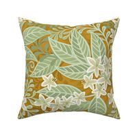 Blooming Orchard Wallpaper- Orange Blossoms- Mustard Background- Citrus Blossoms- Spring- Calm Fresh Flowers and Leaves- Sage and Vanilla- Large