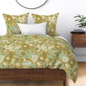 Blooming Orchard Wallpaper- Orange Blossoms- Mustard Background- Citrus Blossoms- Spring- Calm Fresh Flowers and Leaves- Sage and Vanilla- Large