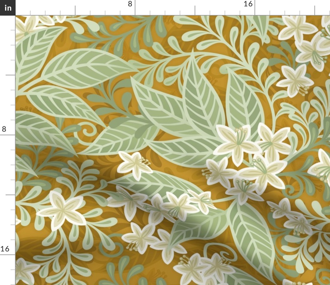 Blooming Orchard Wallpaper- Orange Blossoms- Mustard Background- Citrus Blossoms- Spring- Calm Fresh Flowers and Leaves- Sage and Vanilla- Large