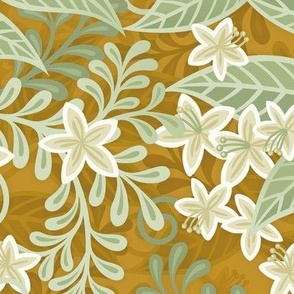 Blooming Orchard Wallpaper- Orange Blossoms- Mustard Background- Citrus Blossoms- Spring- Calm Fresh Flowers and Leaves- Sage and Vanilla- Medium