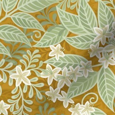 Blooming Orchard Wallpaper- Orange Blossoms- Mustard Background- Citrus Blossoms- Spring- Calm Fresh Flowers and Leaves- Sage and Vanilla- Small