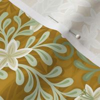 Blooming Orchard Wallpaper- Orange Blossoms- Mustard Background- Citrus Blossoms- Spring- Calm Fresh Flowers and Leaves- Sage and Vanilla- Small